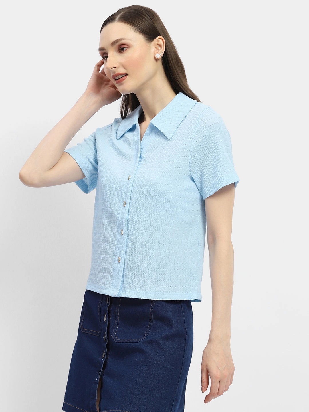 All-Weather Ready Odor Control Fabric Madame Textured Sky Blue Half Sleeve Shirt