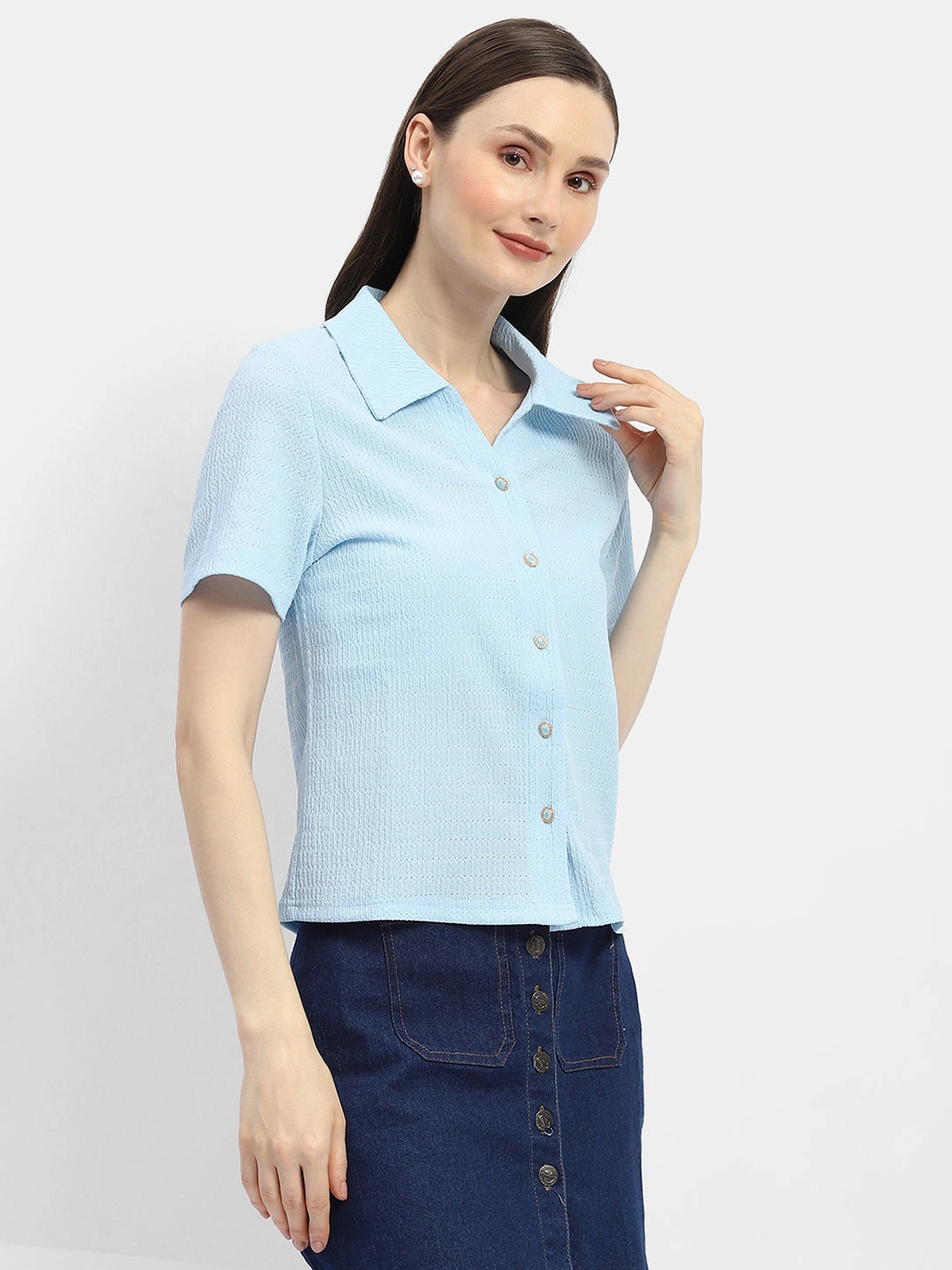 Madame Textured Sky Blue Half Sleeve Shirt Thermal Regulation Fabric