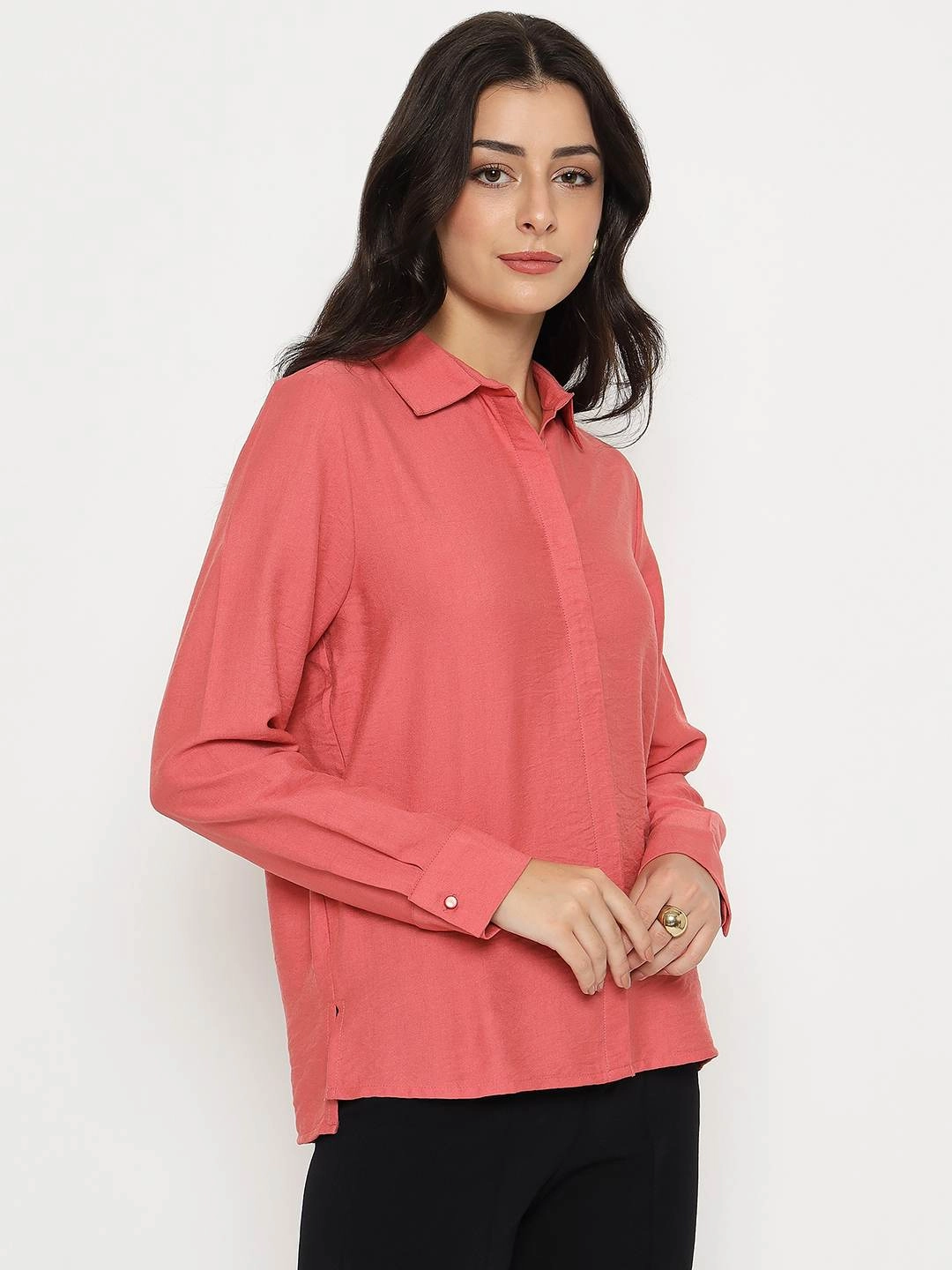 Madame Textured Solid Brick Red Rayon Blend Shirt Timeless Comfort Fashion Forward