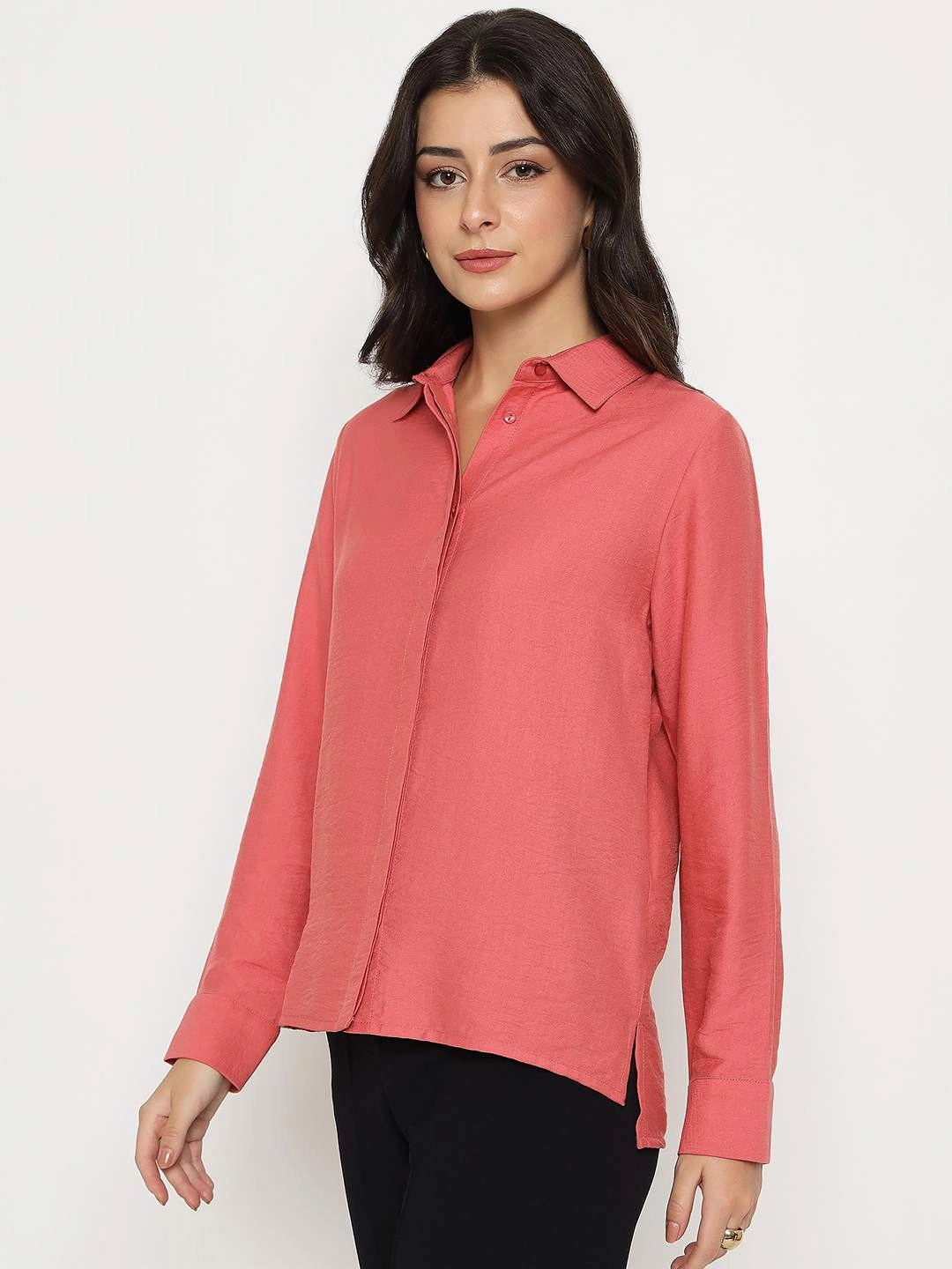 Madame Textured Solid Brick Red Rayon Blend Shirt Designer Touch Textured Finish