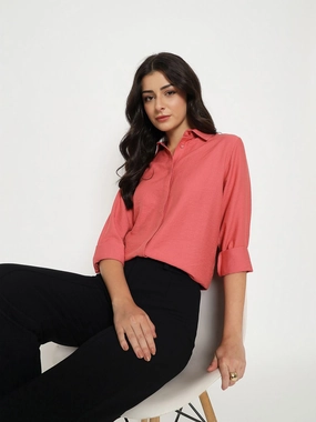Madame Textured Solid Brick Red Rayon Blend Shirt Day-To-Night Wear Classic Collar