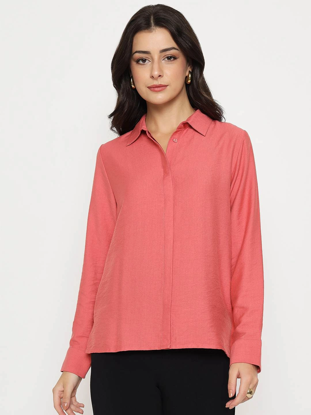 Madame Textured Solid Brick Red Rayon Blend Shirt Classic Color Street Comfort
