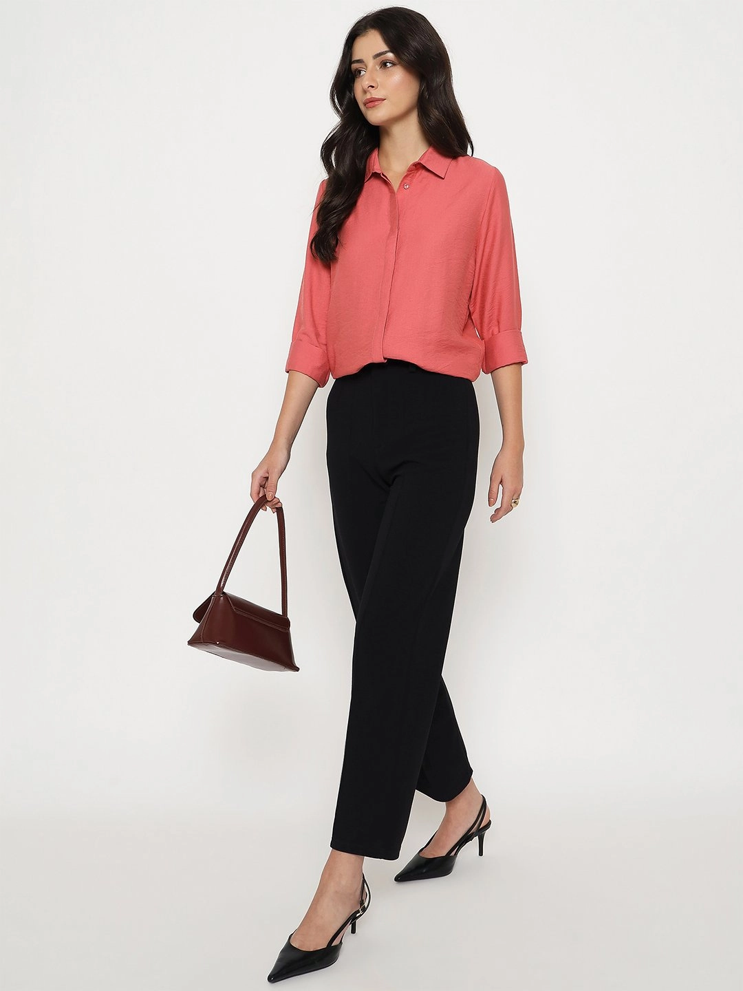 Madame Textured Solid Brick Red Rayon Blend Shirt Eco friendly materials
