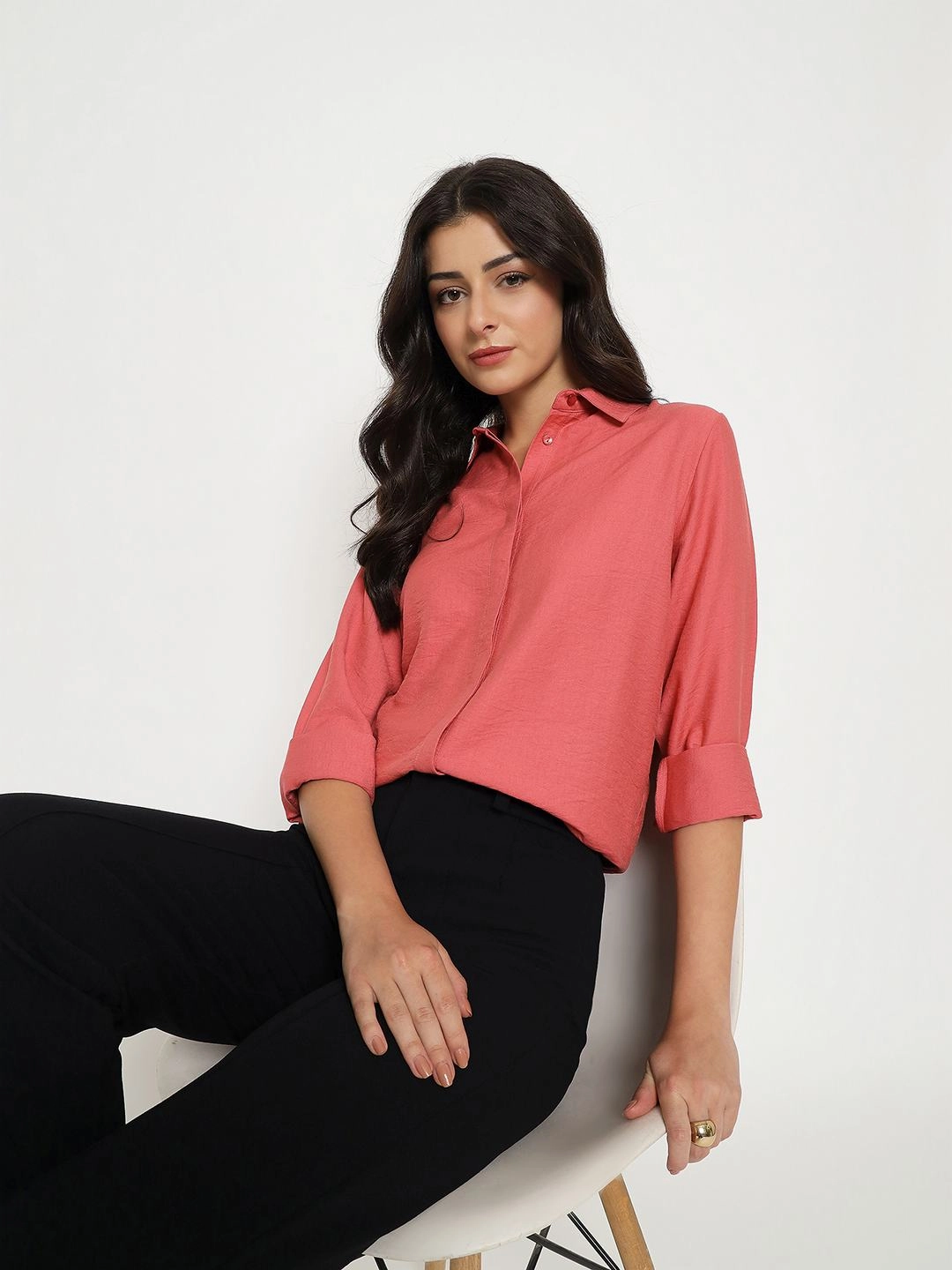 Madame Textured Solid Brick Red Rayon Blend Shirt Day-To-Night Wear Classic Collar