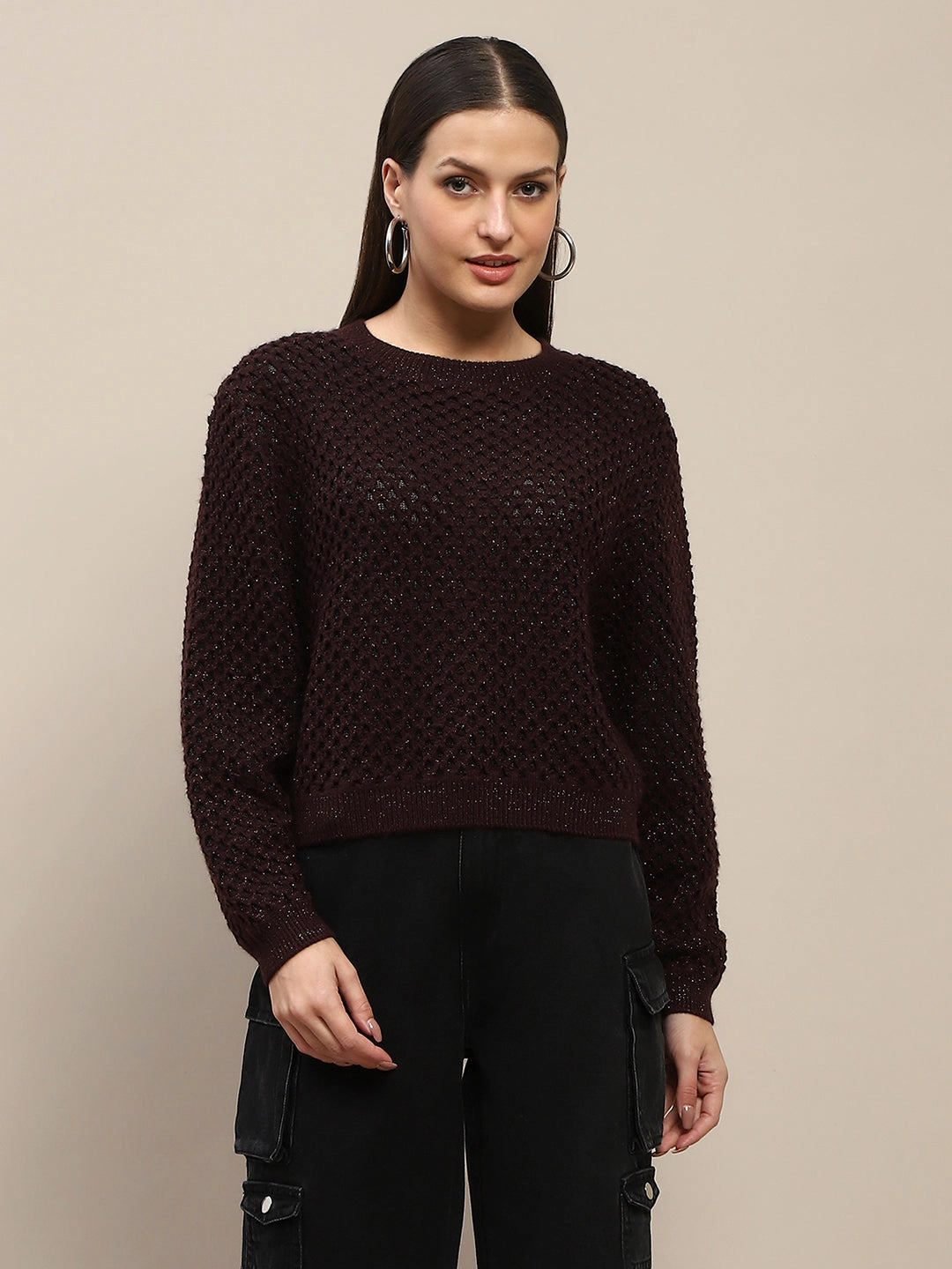 Madame Textured Solid Brown Full Sleeve Sweater Layered Comfort Wear Vintage Wash Finish