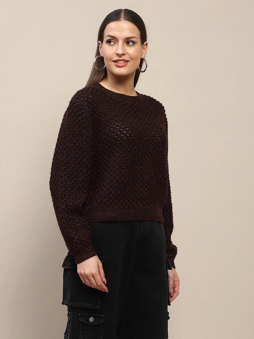 Madame Textured Solid Brown Full Sleeve Sweater Casual Cozy