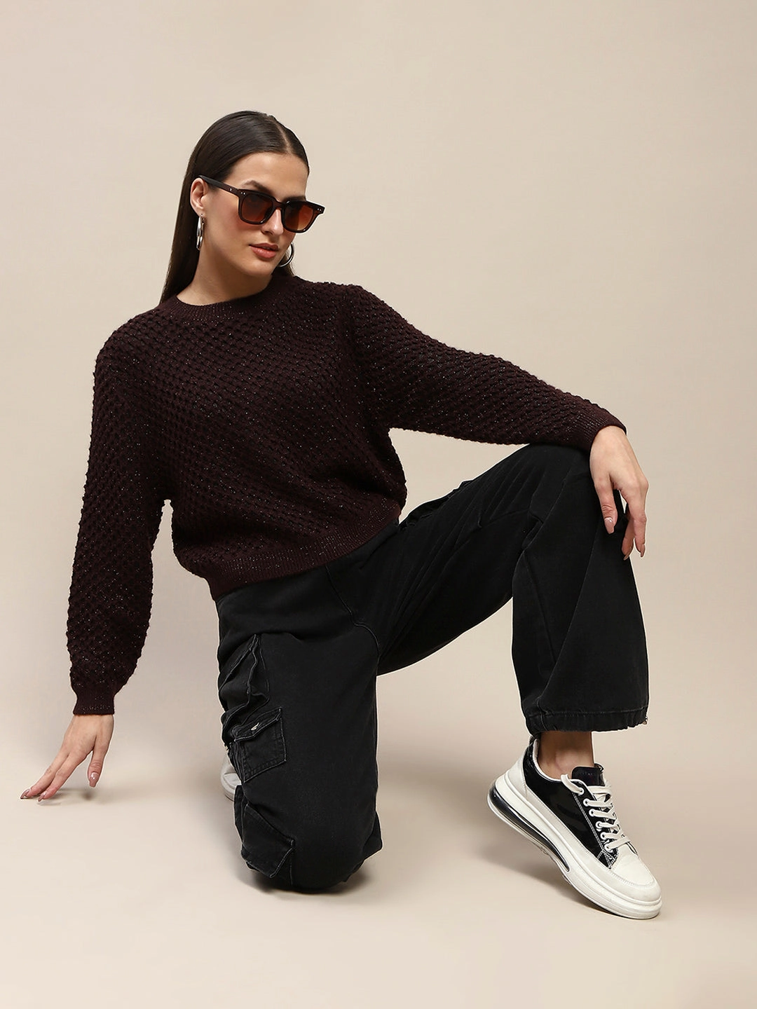 Madame Textured Solid Brown Full Sleeve Sweater Comfy Knit Layer