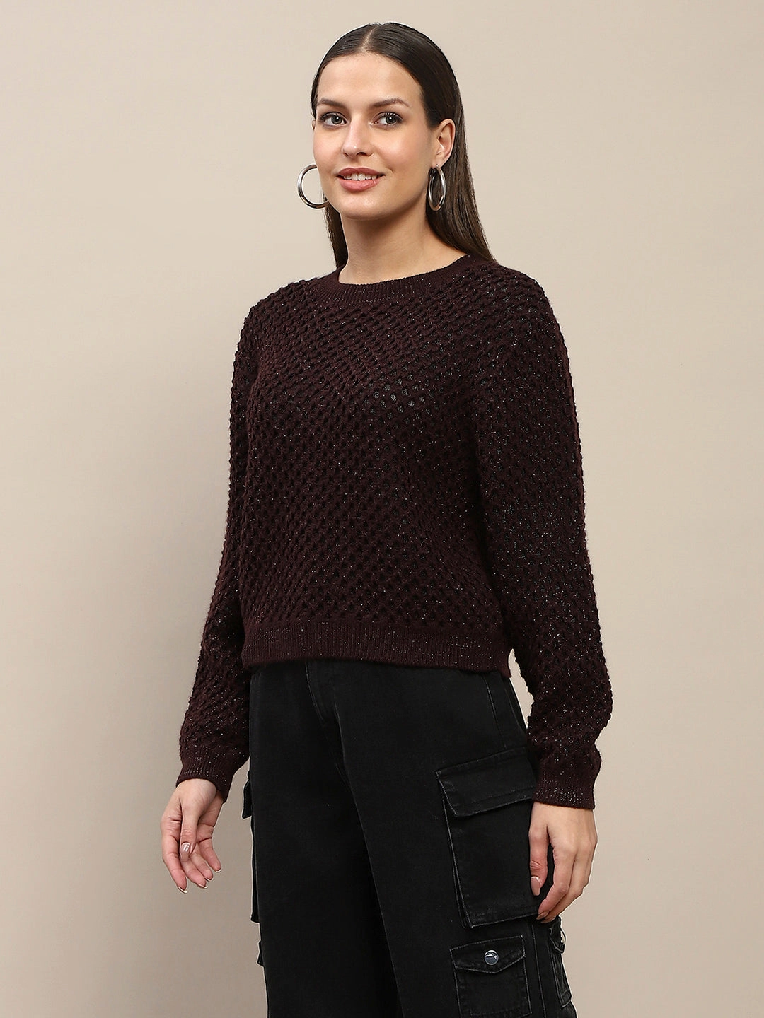 Madame Textured Solid Brown Full Sleeve Sweater Lightweight Warmth Sport Flex