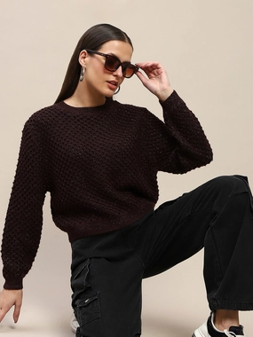 Warm & Soft Wrinkle Resistant Textile Madame Textured Solid Brown Full Sleeve Sweater