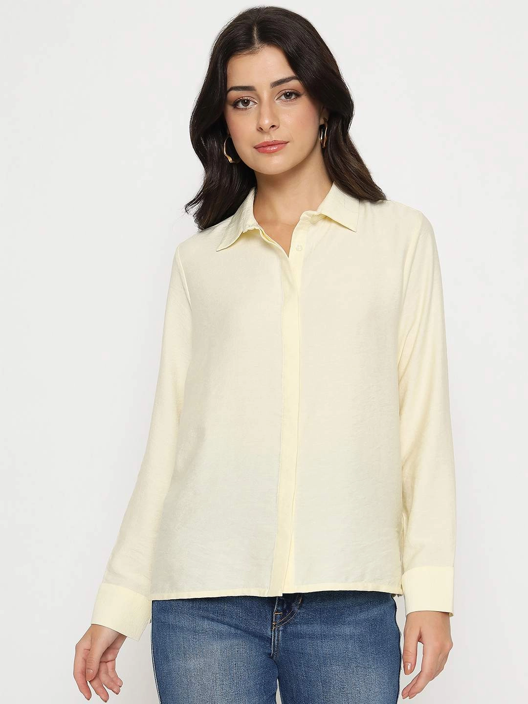 Madame Textured Solid Cream Rayon Blend Shirt Summer Camp