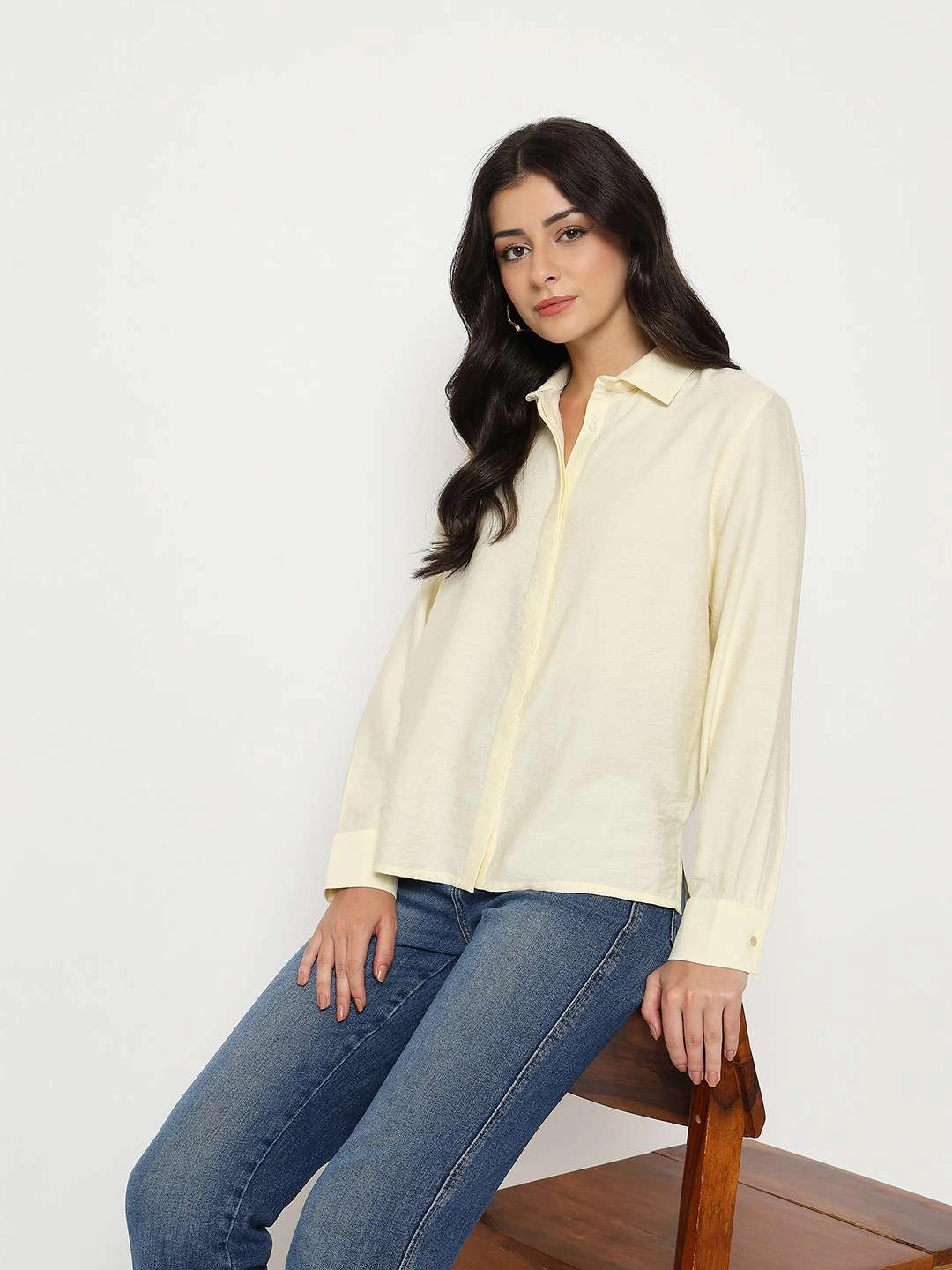 Madame Textured Solid Cream Rayon Blend Shirt Earthy Hue