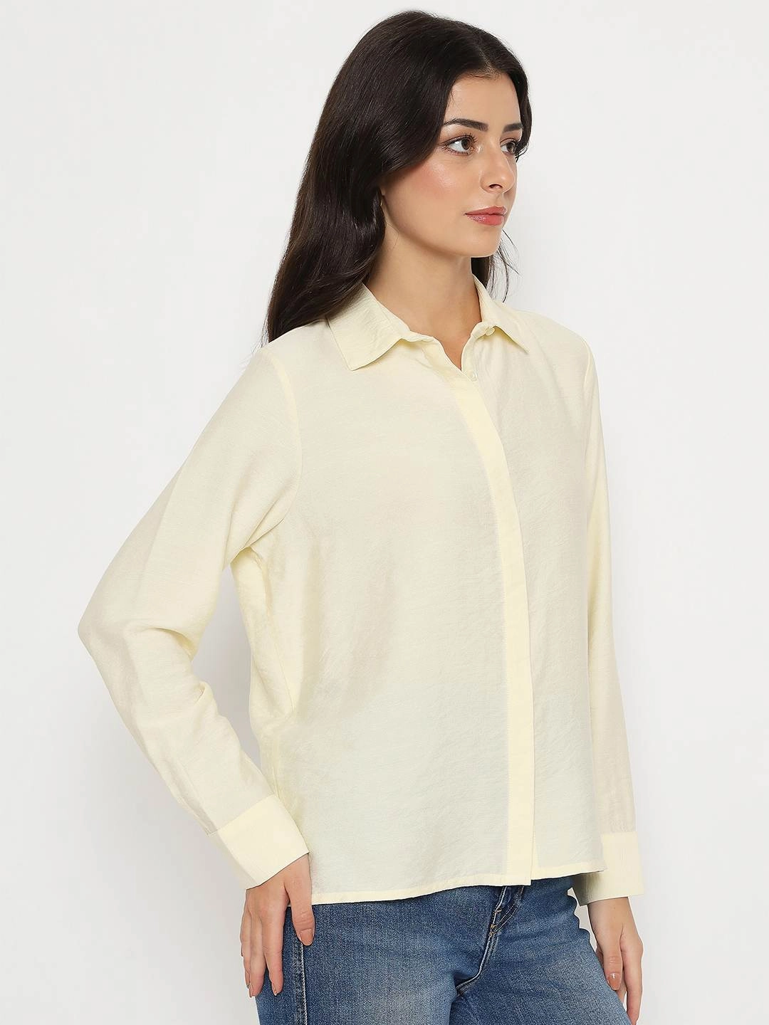 Seasonal Essential Madame Textured Solid Cream Rayon Blend Shirt