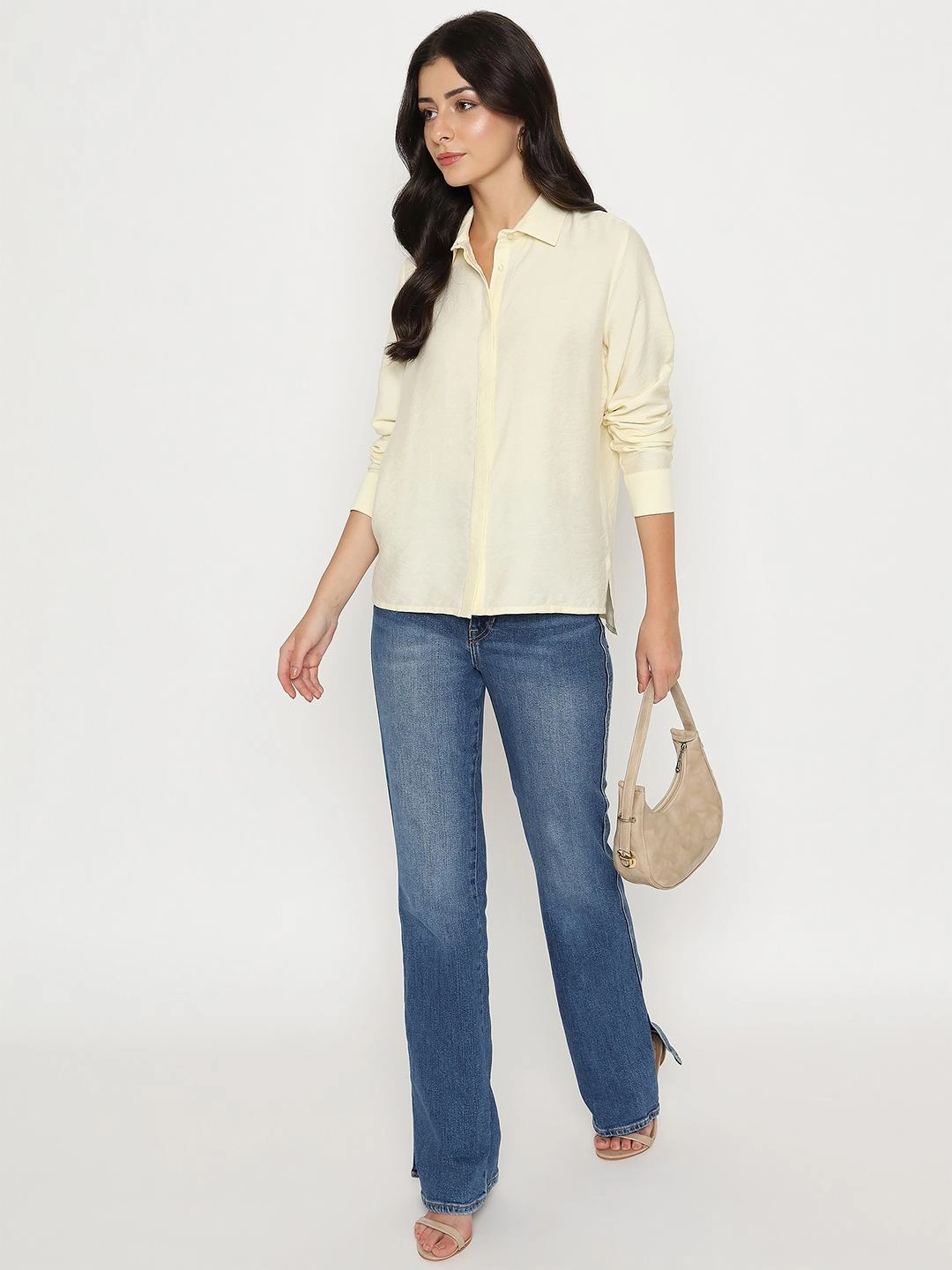 Madame Textured Solid Cream Rayon Blend Shirt Timeless Fit