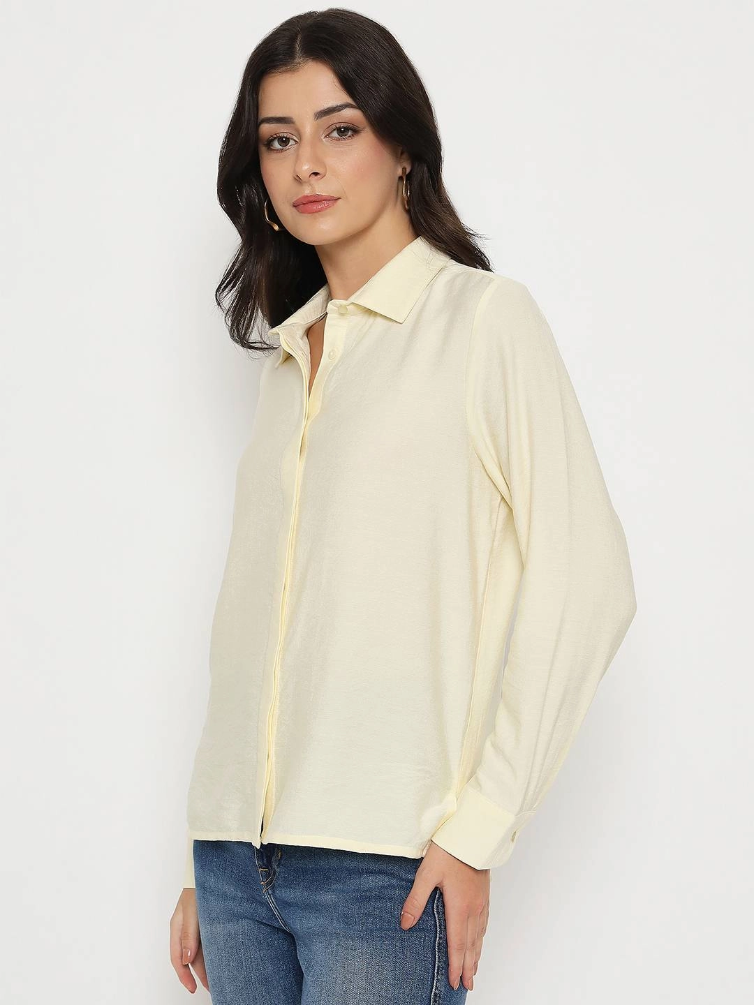 Moisture Wicking Layer Madame Textured Solid Cream Rayon Blend Shirt