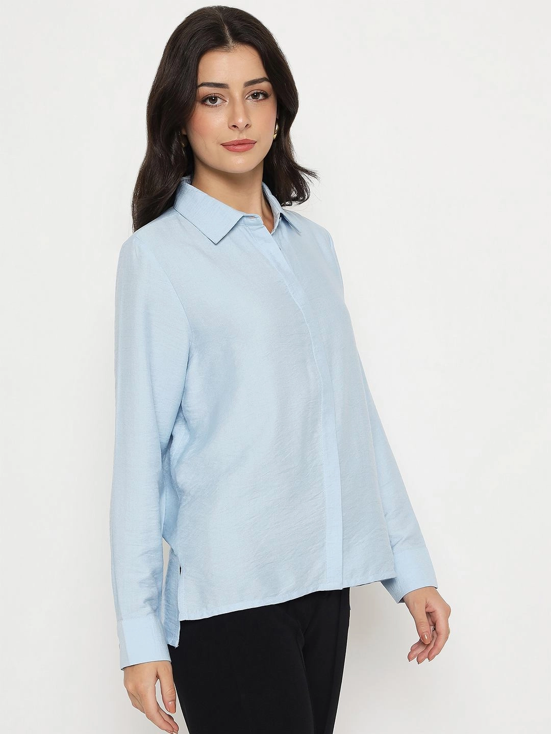 Madame Textured Solid Sky Blue Rayon Blend Shirt Shimmer Effect