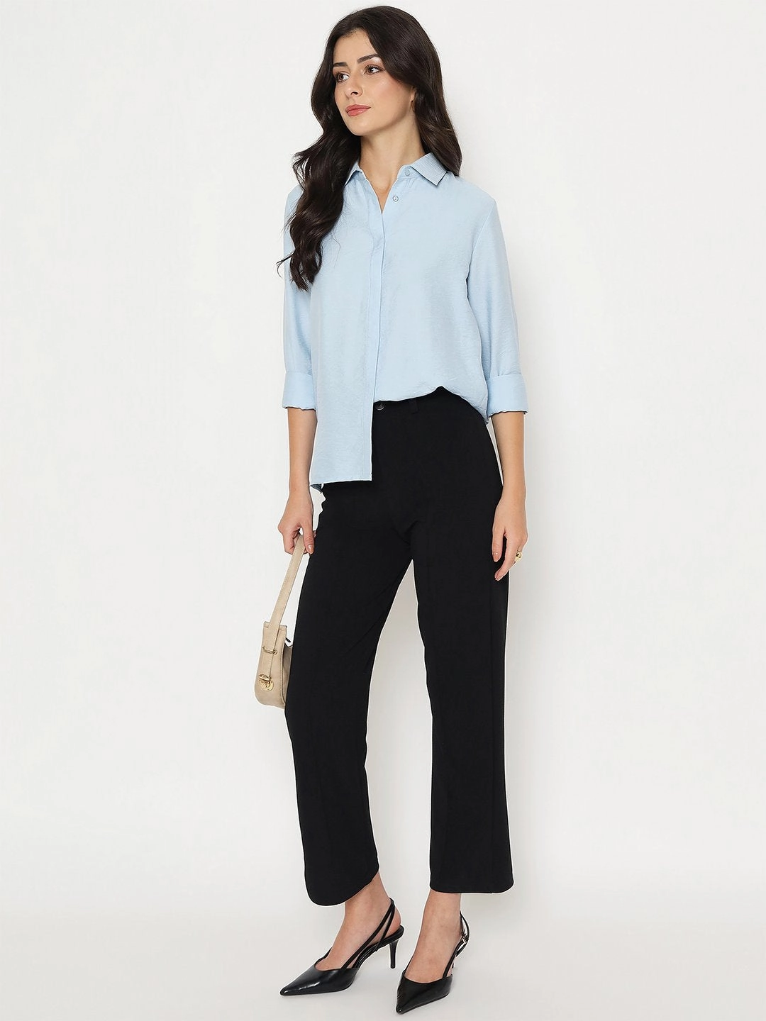 Madame Textured Solid Sky Blue Rayon Blend Shirt Workwear Option