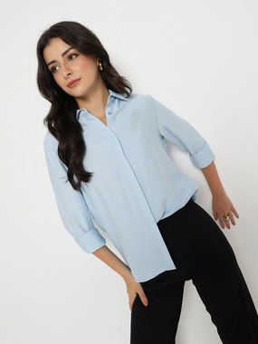 Madame Textured Solid Sky Blue Rayon Blend Shirt Reinforced Seams