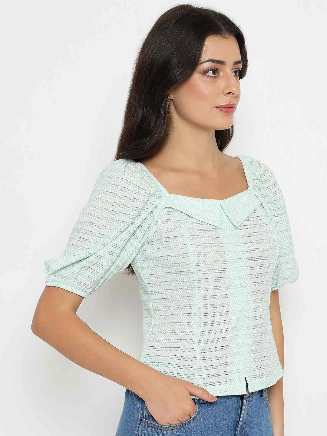PreShrunk Fabric Antibacterial Madame Tie Detail Off Shoulder Turquoise Top