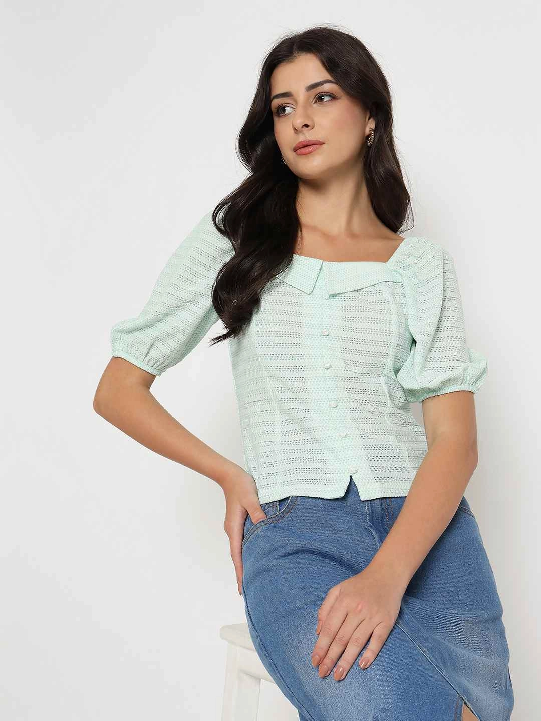 Madame Tie Detail Off Shoulder Turquoise Top SeamFree Knitting