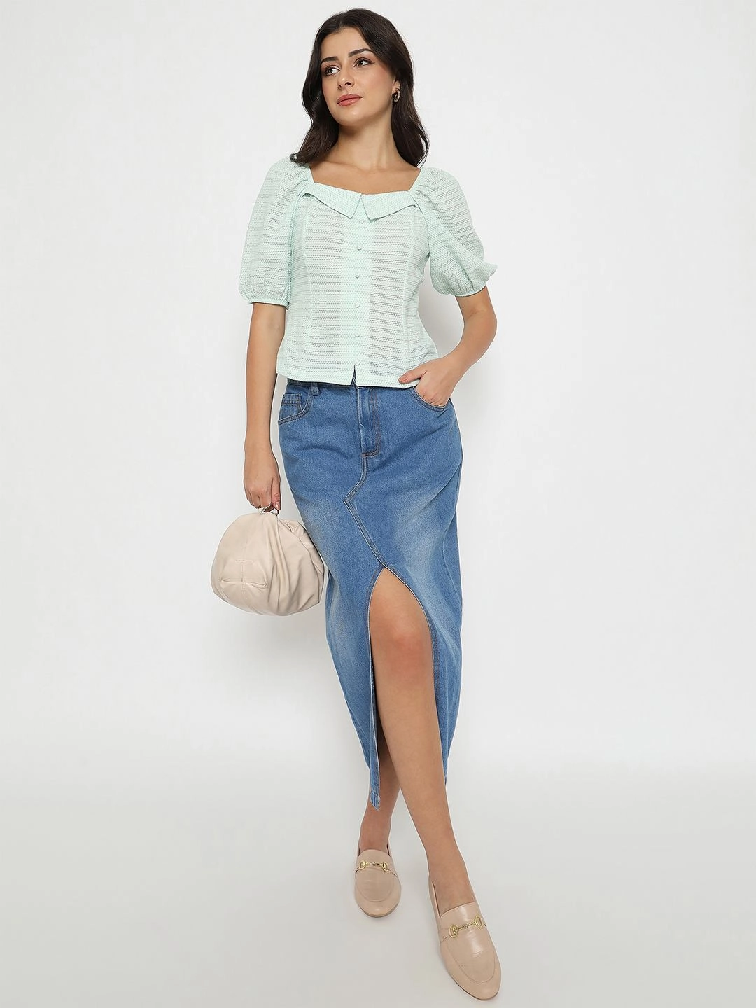 Adjustable Hem Madame Tie Detail Off Shoulder Turquoise Top