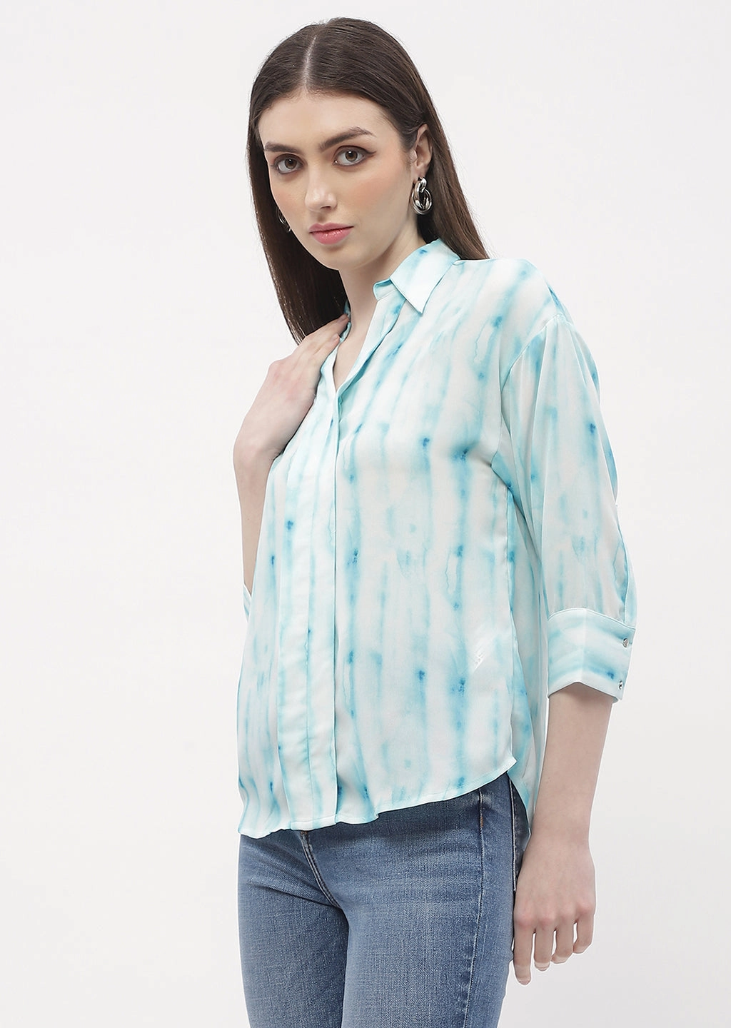 Madame Tie-Dye Aqua Blue Regular Top AntiOdorTechnology Relaxed Crew Neck Opening
