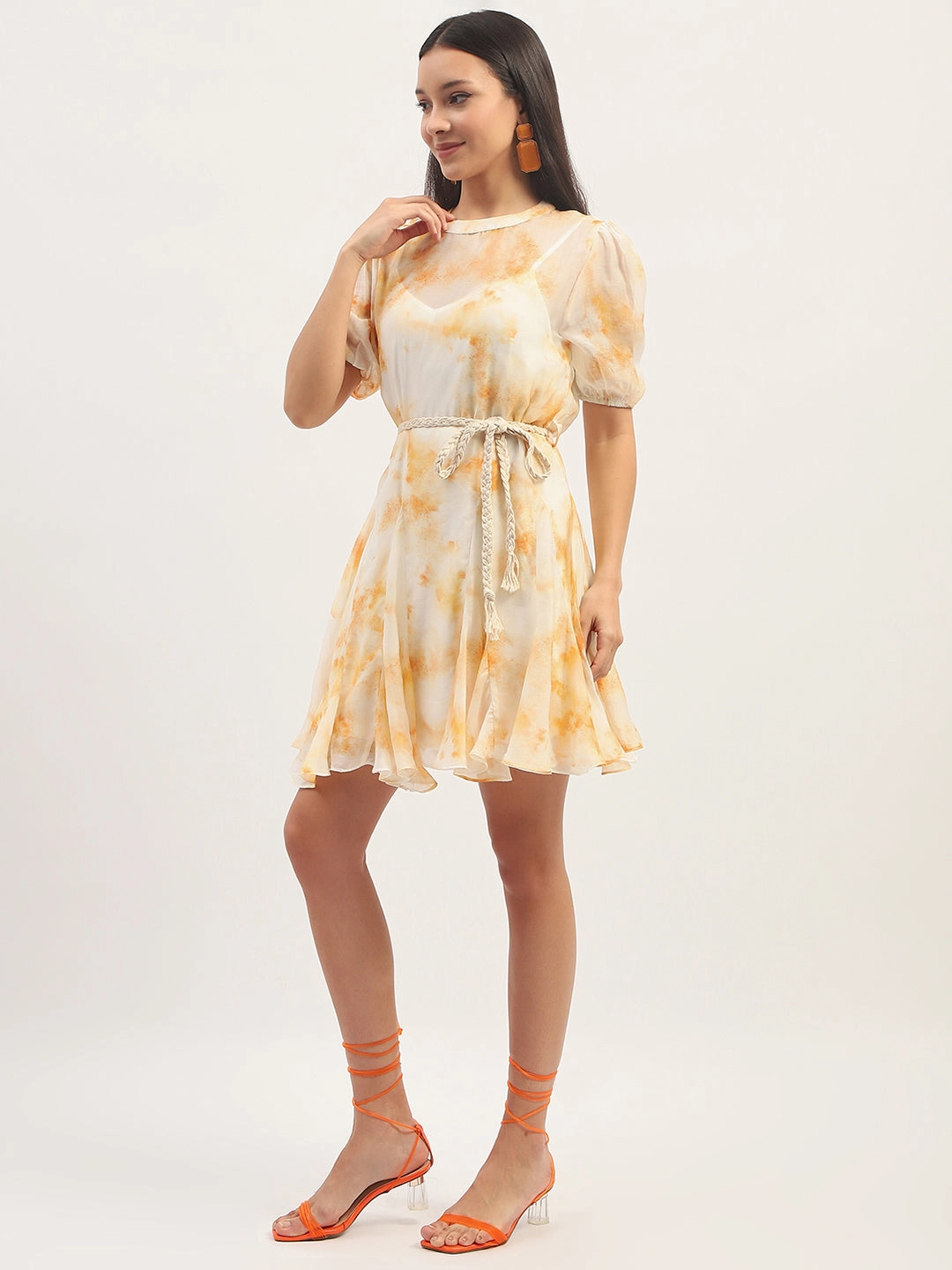 All-Day Comfort Wear Madame Tie Dye Belted Orange Rayon Blend Mini Dress