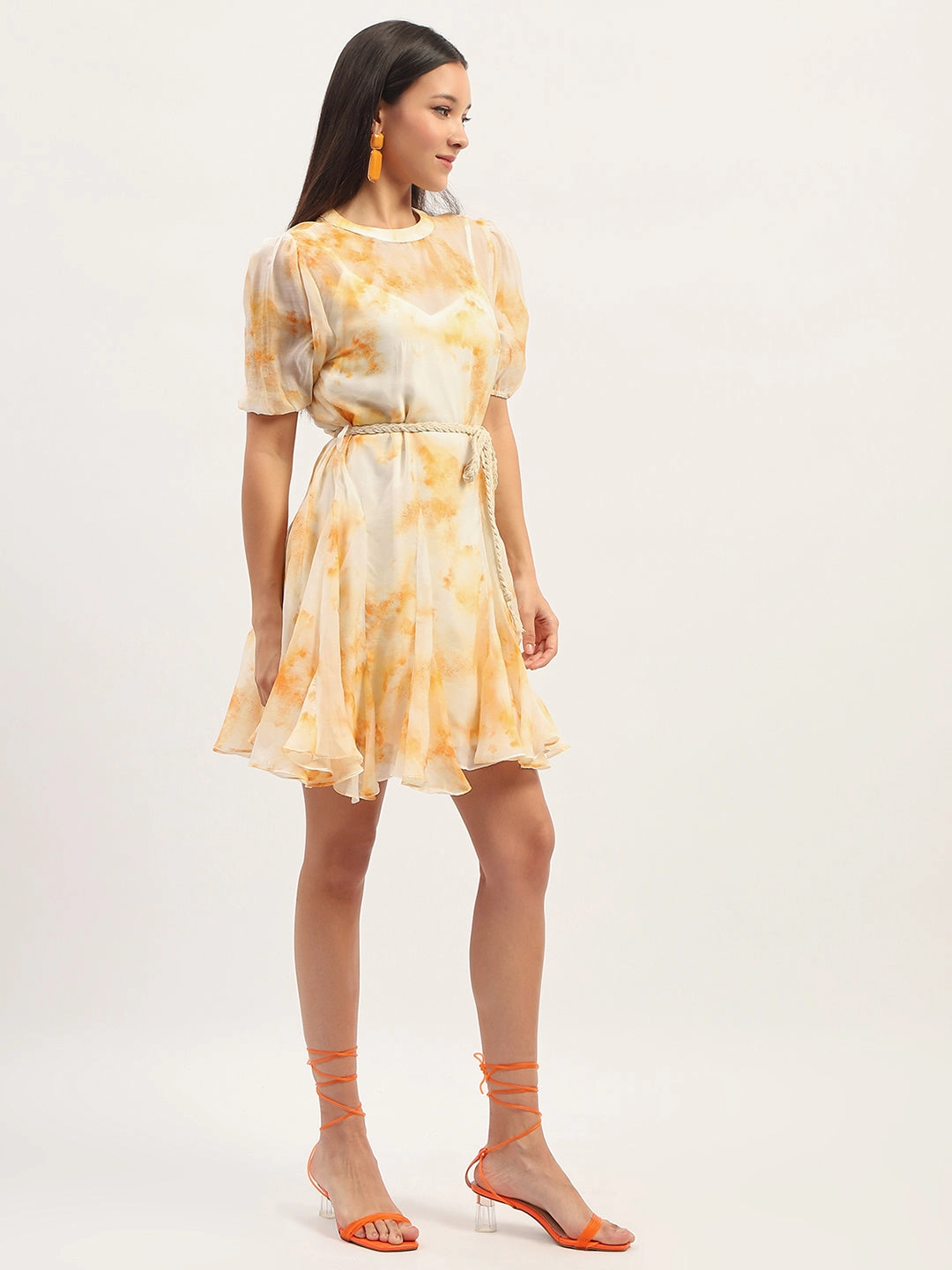 Madame Tie Dye Belted Orange Rayon Blend Mini Dress Peace View