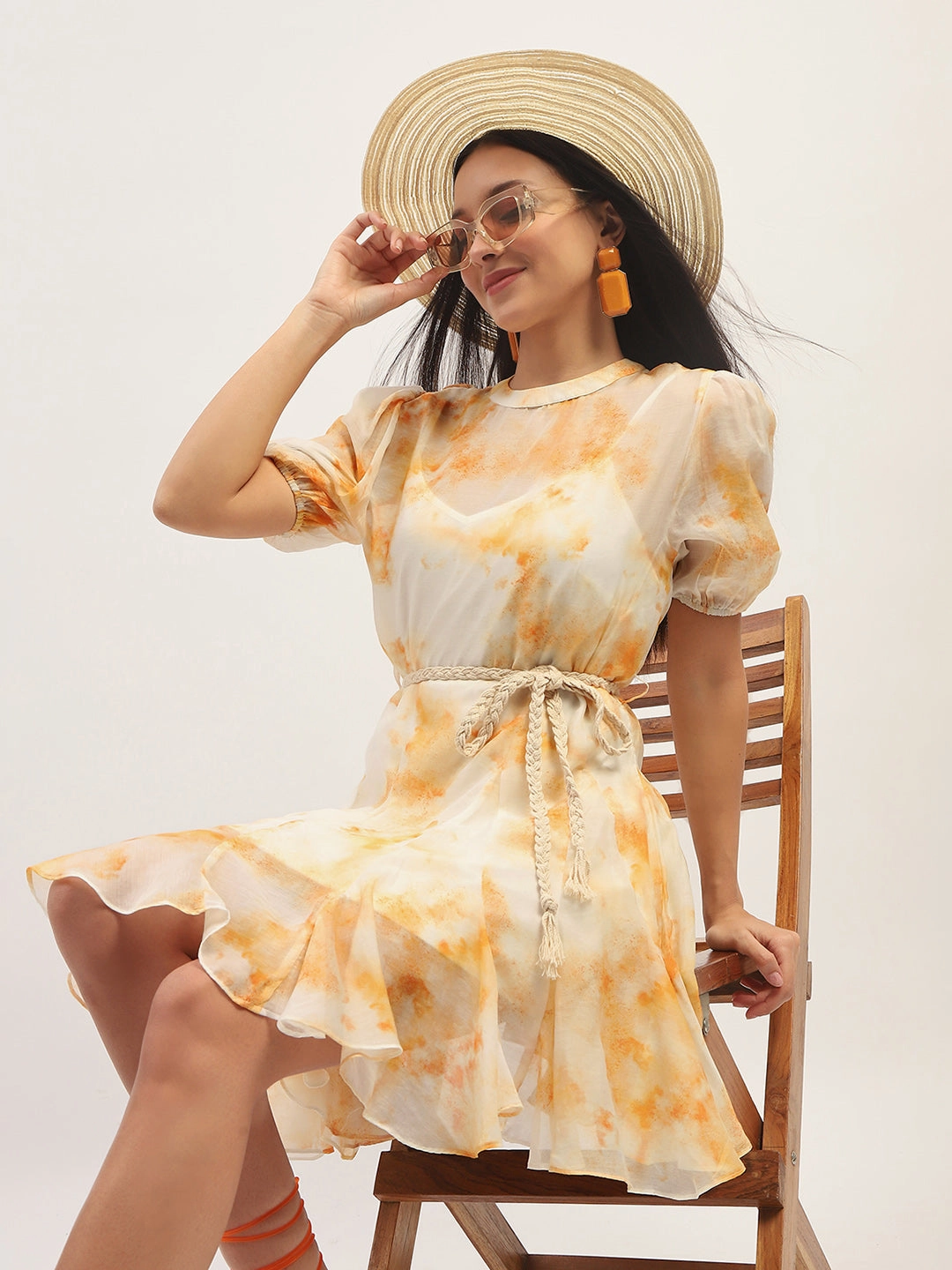 Polished Finish Versatile occasion dress Madame Tie Dye Belted Orange Rayon Blend Mini Dress