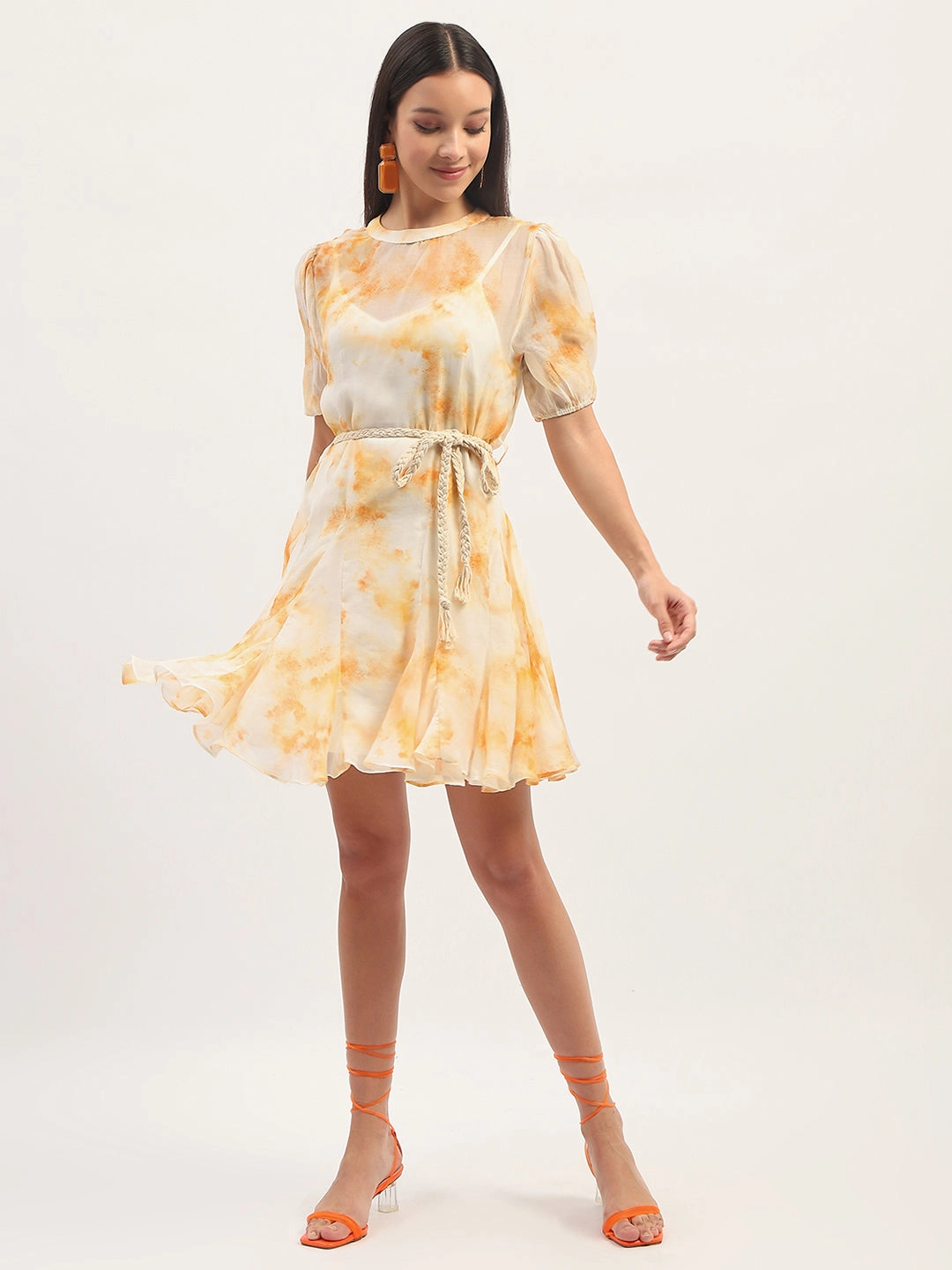 Madame Tie Dye Belted Orange Rayon Blend Mini Dress loose silhouette Earth Colors