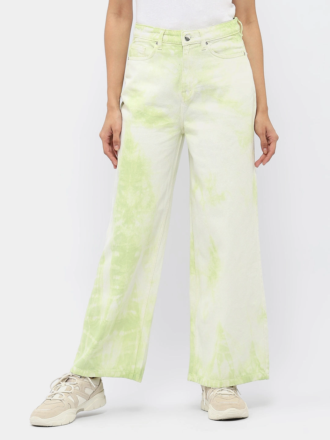 Easy Fit Design Stylish Look Madame Tie-Dye Green Wide Leg Jeans