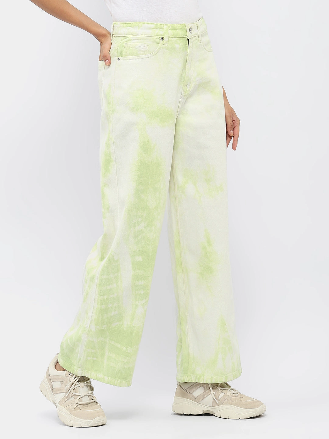 Bold Earthy Comfortable Design Madame Tie-Dye Green Wide Leg Jeans