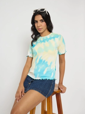 Daily Outfit Style Madame Tie-Dye Lettuce Hem Aqua Blue T-Shirt