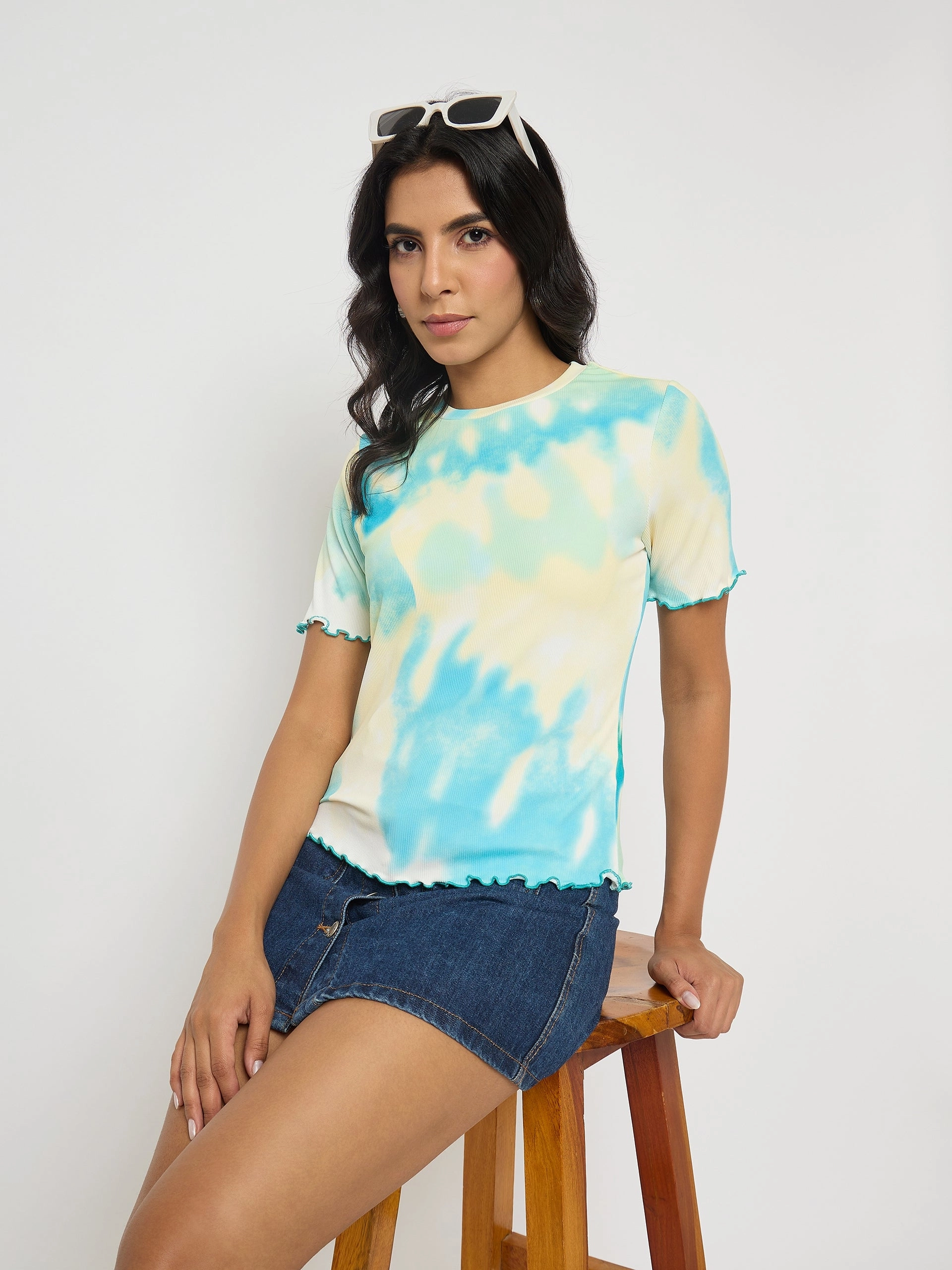 Daily Outfit Style Madame Tie-Dye Lettuce Hem Aqua Blue T-Shirt