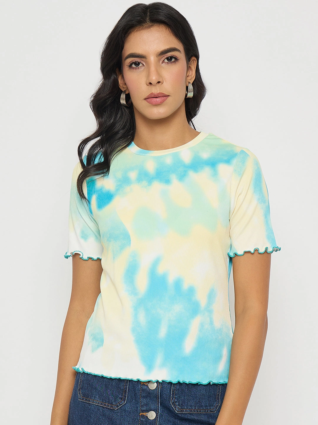 Moisture Management Fabric Sun Protection Madame Tie-Dye Lettuce Hem Aqua Blue T-Shirt