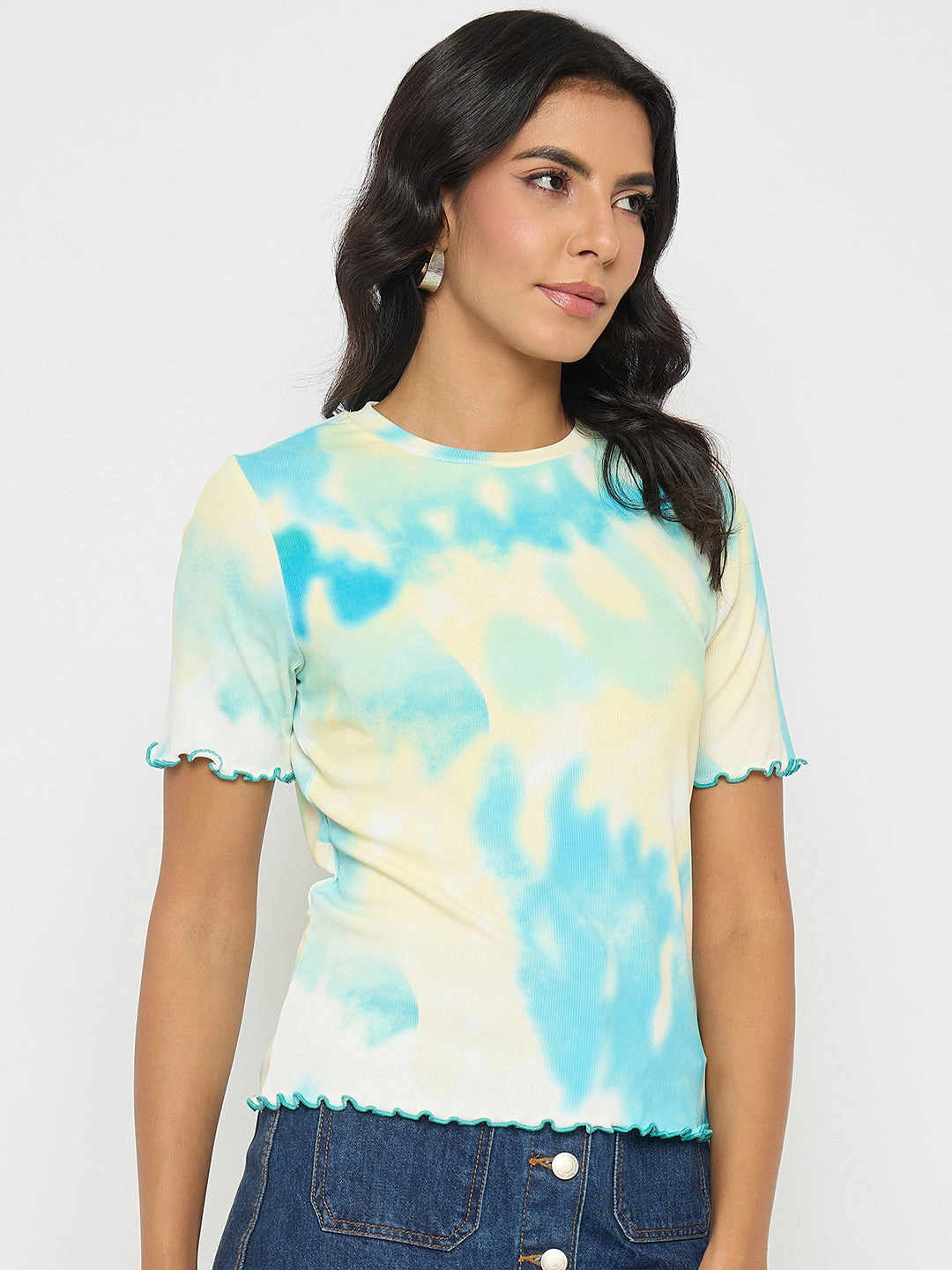 Scoop neck Breathable Flex Fit Madame Tie-Dye Lettuce Hem Aqua Blue T-Shirt