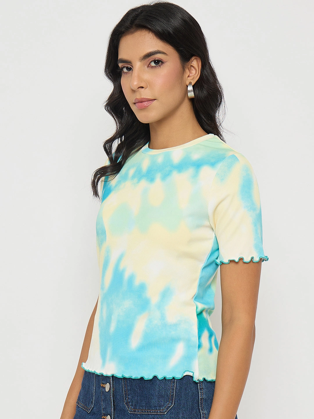 hiking clothes NoSideSeam Madame Tie-Dye Lettuce Hem Aqua Blue T-Shirt