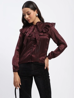 Ergonomic Shoulder Shape Architectural Tailoring Madame Tie Knot Frill Necked Striped Wine Top