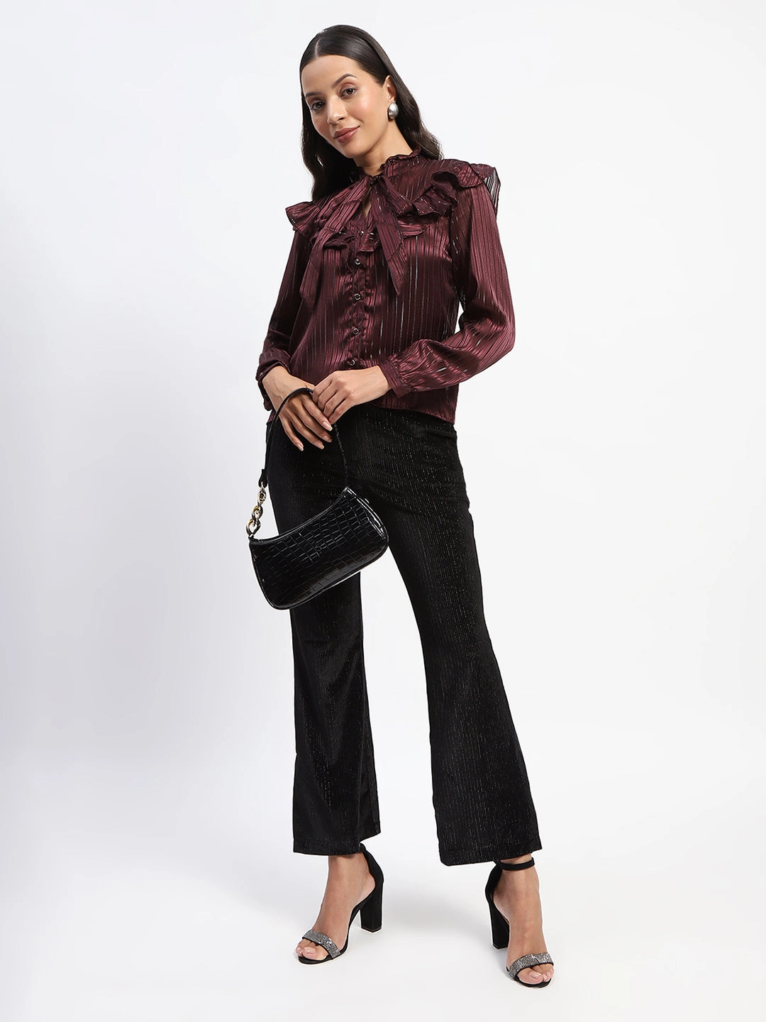 Madame Tie Knot Frill Necked Striped Wine Top Fade Resistant Dye Cool and Breezy