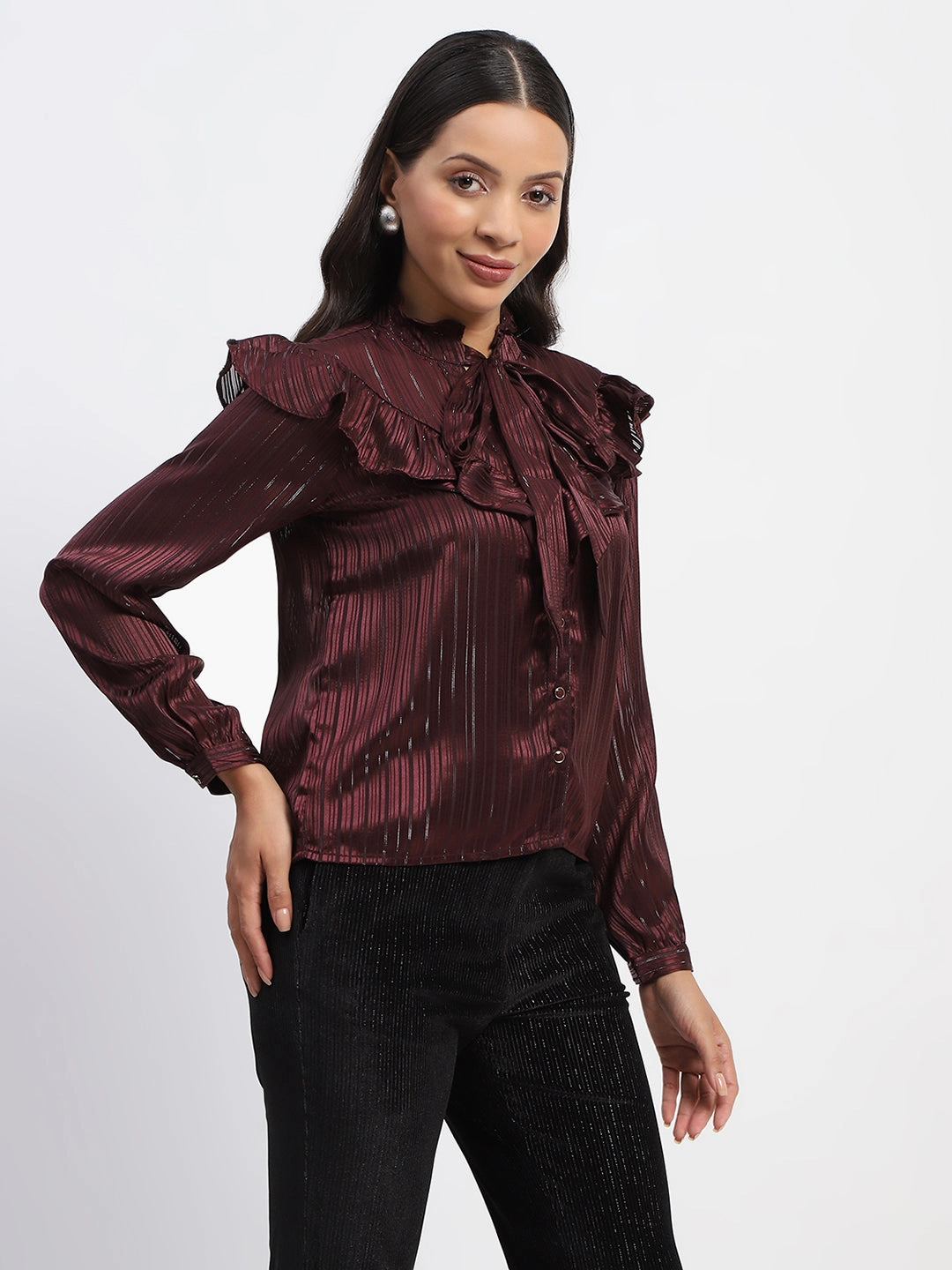 Wind Resistant Fabric Snag Resistant Fabric Madame Tie Knot Frill Necked Striped Wine Top