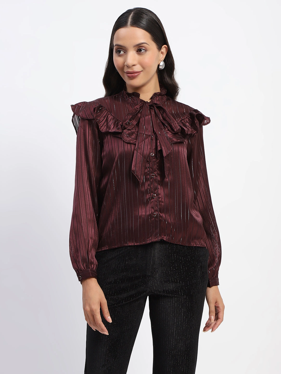 Ultraviolet Protection Finish Madame Tie Knot Frill Necked Striped Wine Top