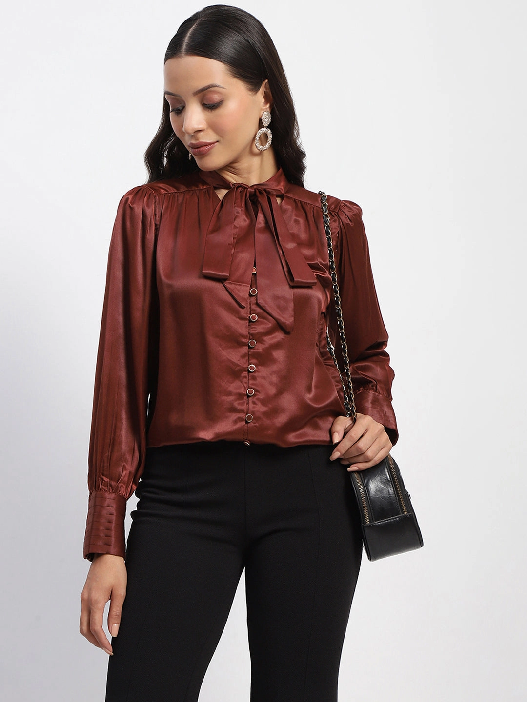 WrinkleFree Weave UltraFineMesh Madame Tie Up Neck Cuffed Sleeve Brown Top