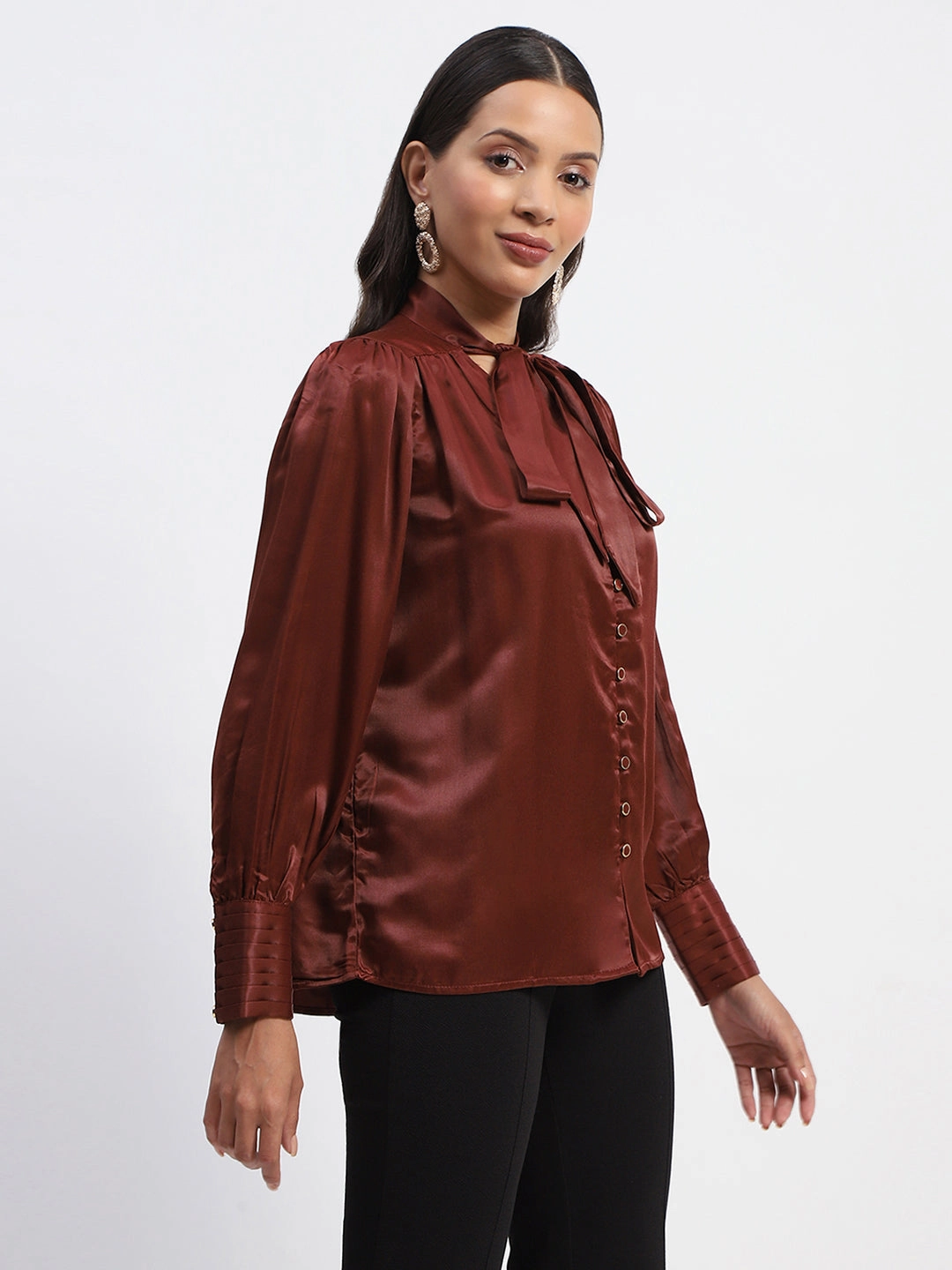 Madame Tie Up Neck Cuffed Sleeve Brown Top MinimalistAesthetic SnagFreeKnit