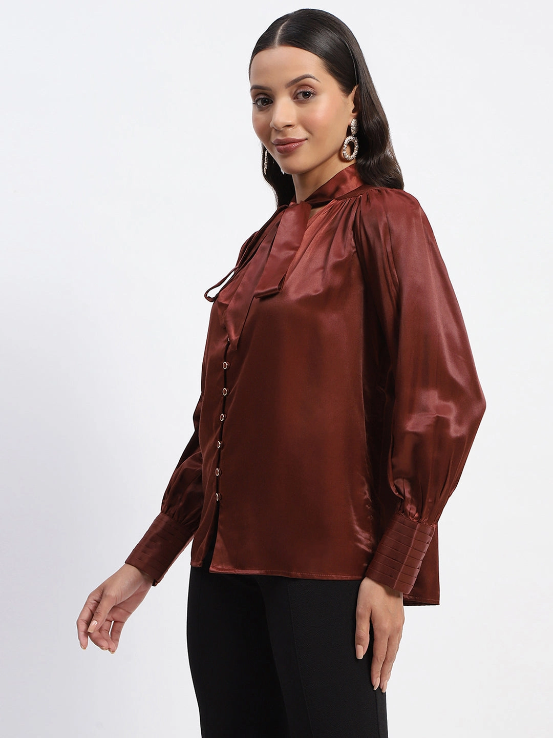 All Day Comfort Relaxed Design Madame Tie Up Neck Cuffed Sleeve Brown Top