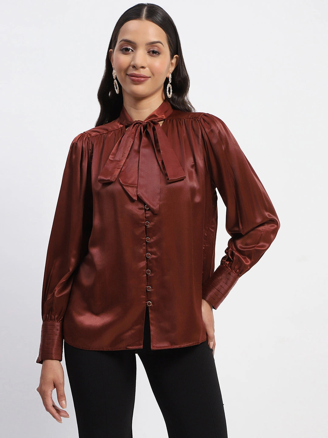 Madame Tie Up Neck Cuffed Sleeve Brown Top Multipanel Construction Contrast Stitch Detail