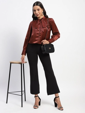 Everyday Jacket Madame Tie Up Neck Cuffed Sleeve Brown Top
