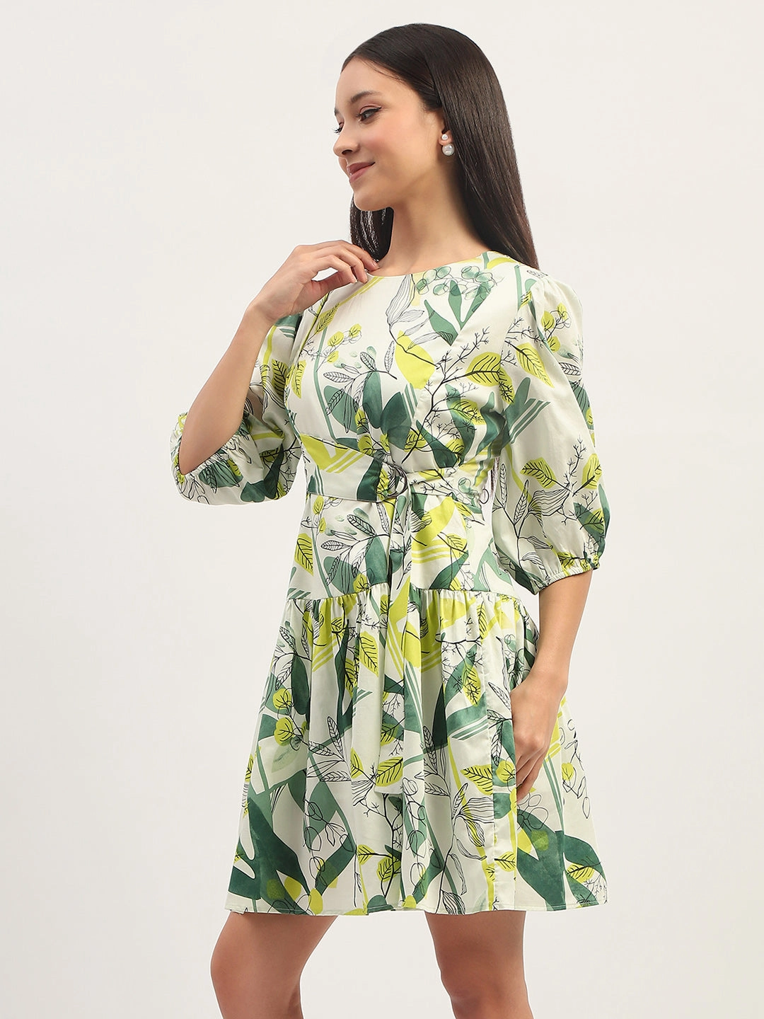 Madame Tier Print Fit And Flare Cotton Lime Mini Dress Relaxed Vibe