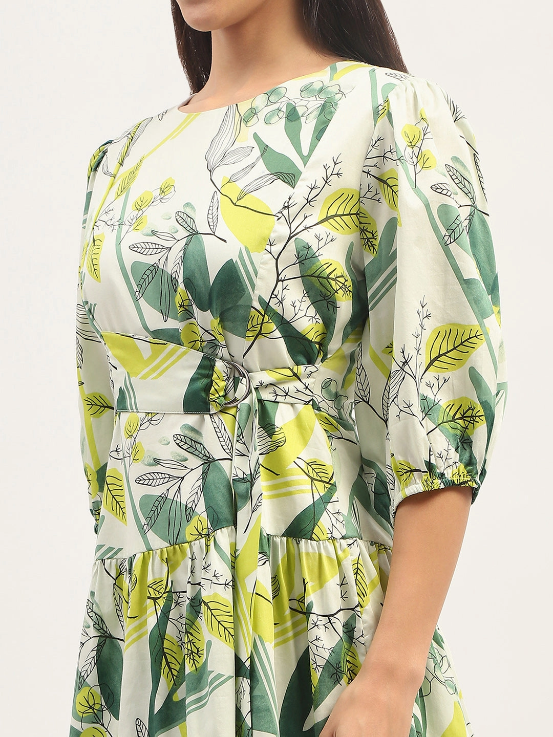 Sleek Outline Madame Tier Print Fit And Flare Cotton Lime Mini Dress