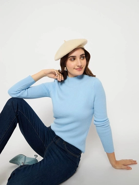 Stretchy Waist Madame Turtle Neck Full Sleeve Blue Sweater