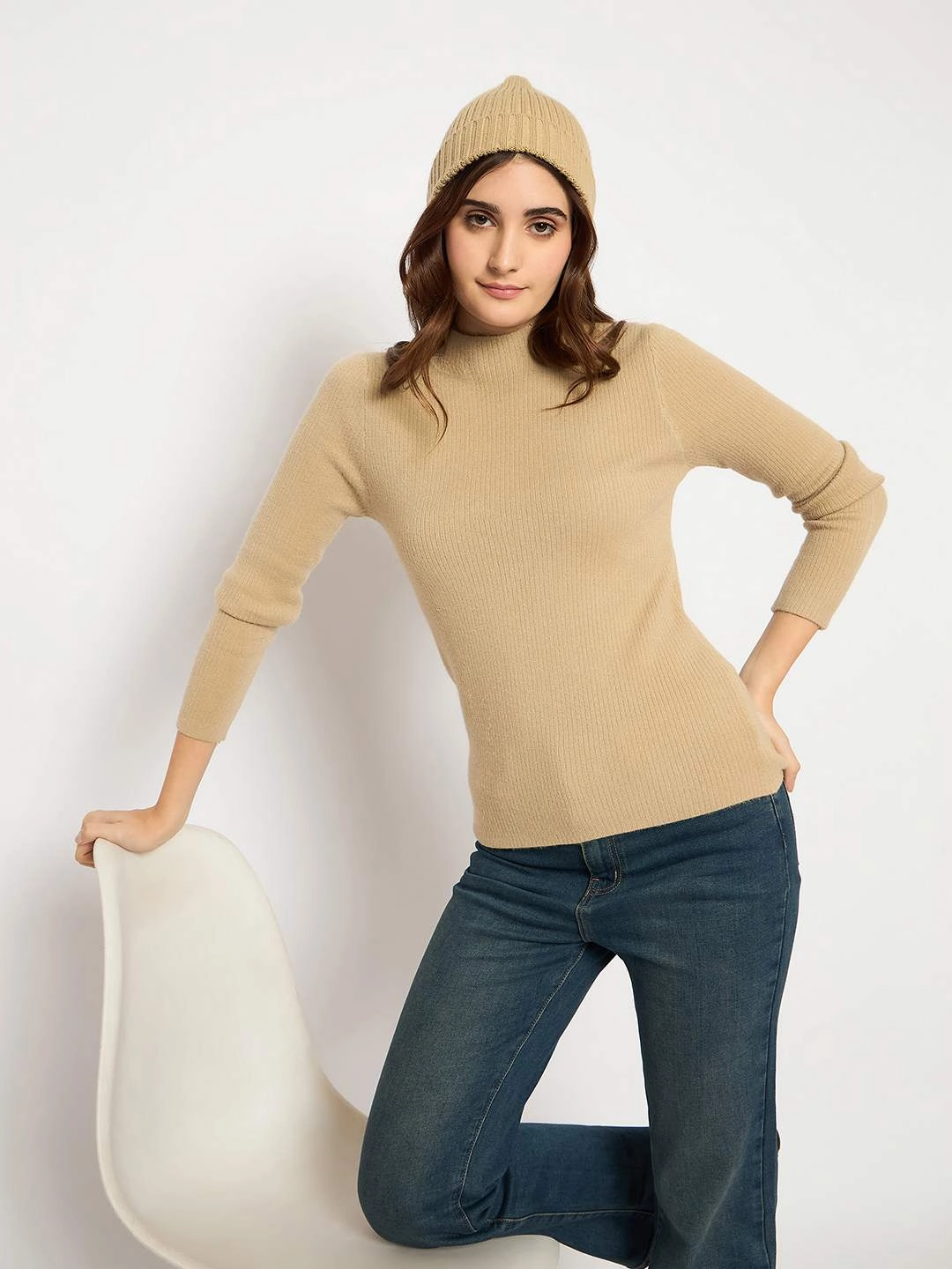 Thermal regulation Flatlock stitching Madame Turtle Neck Full Sleeve Brown Sweater
