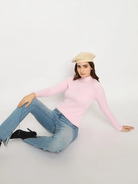 Functional Fashion Adjustable drawstring Madame Turtle Neck Full Sleeve Pink Sweater